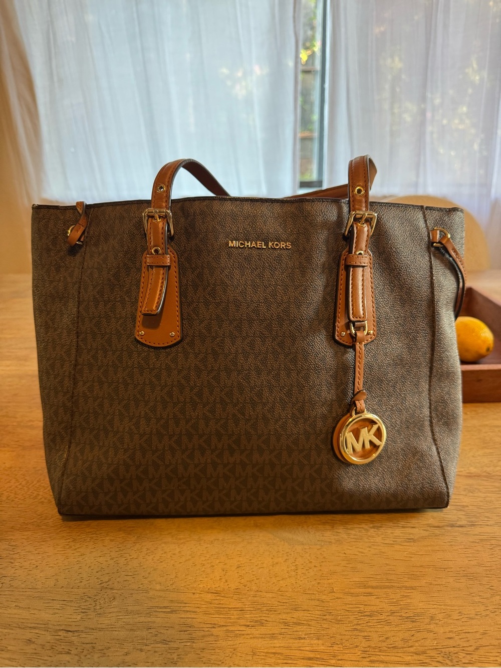 Michael Kors Brown Monogram Tote with Tan Leather Trim and Gold Charm